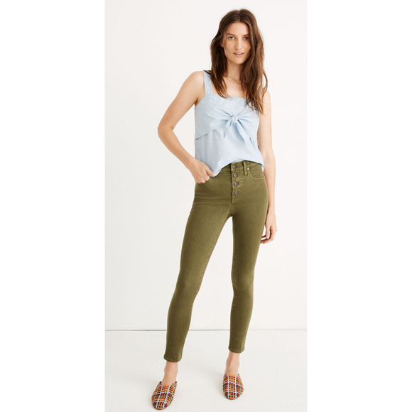 Madewell 26P Mid-Rise Skinny Cropped Jeans Button Front Stretch Denim Army Green - Picture 1 of 9